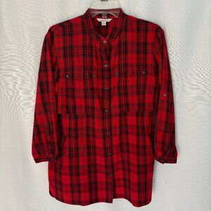 LL BEAN Plaid 3/4 Roll Tab Sleeve Tunic Shirt with Pockets